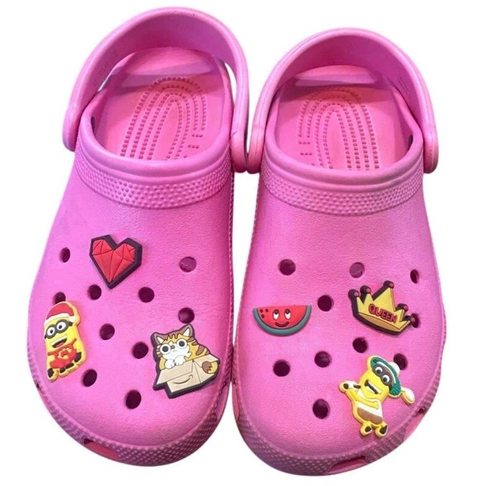 Crocs Clog Sandals Pink, Minion, Cat, Queen Jibbitz Comfort Shoes Womens Size 6